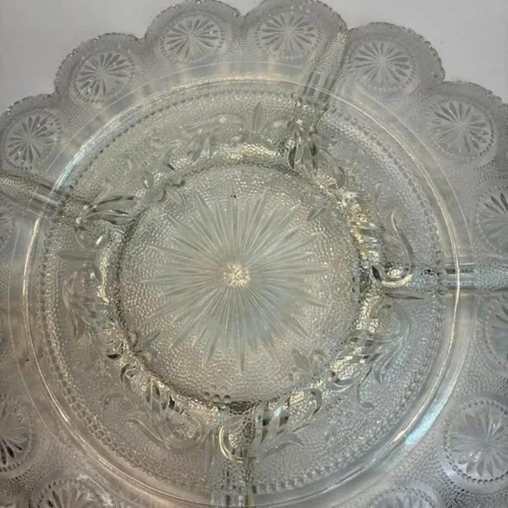 Vintage‎ Clear Pressed Glass Divided Relish Tray Scalloped Starburst MCM